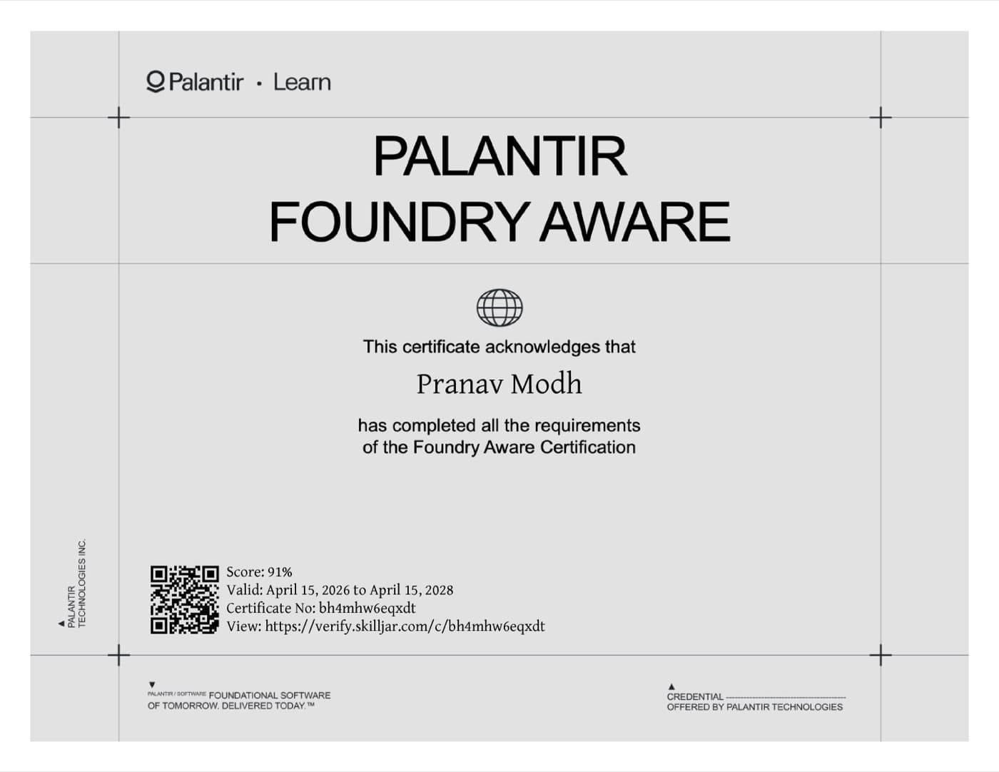 Palantir Foundry Aware certificate — Palantir Technologies